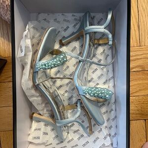 Badgley Mischka Light Blue Satin Pearl-Embellished Heels